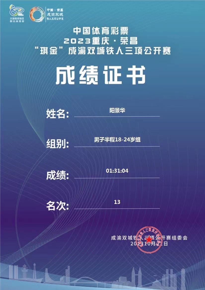 铁三成绩证书